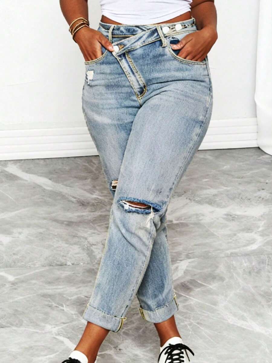 Distressed Jean Rip - Women Plus Size High Waist Distressed