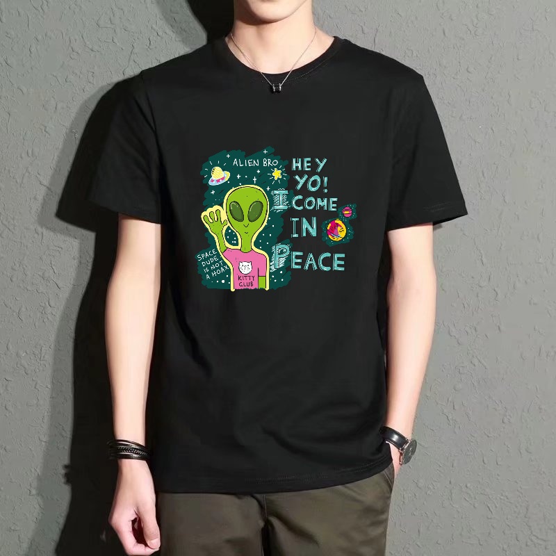 Street Fashion Theme - Men's Black Round-Neck Short-Sleeved T-Shirt, Alien-Themed
