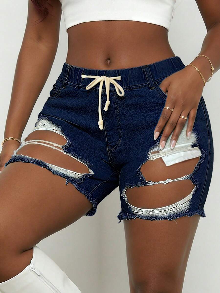 Distressed Jean Rip - Women Mid Waist Ripped Stretch Denim