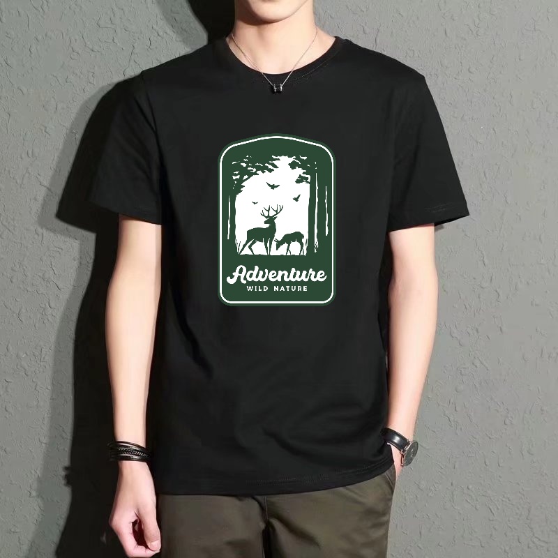 Street Fashion Theme - Men's Black Round-Neck Short-Sleeved T-Shirt with