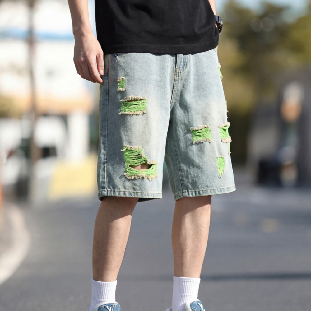 Men's Lined Ripped Denim Short - Distressed Jean Rip 评论和价格