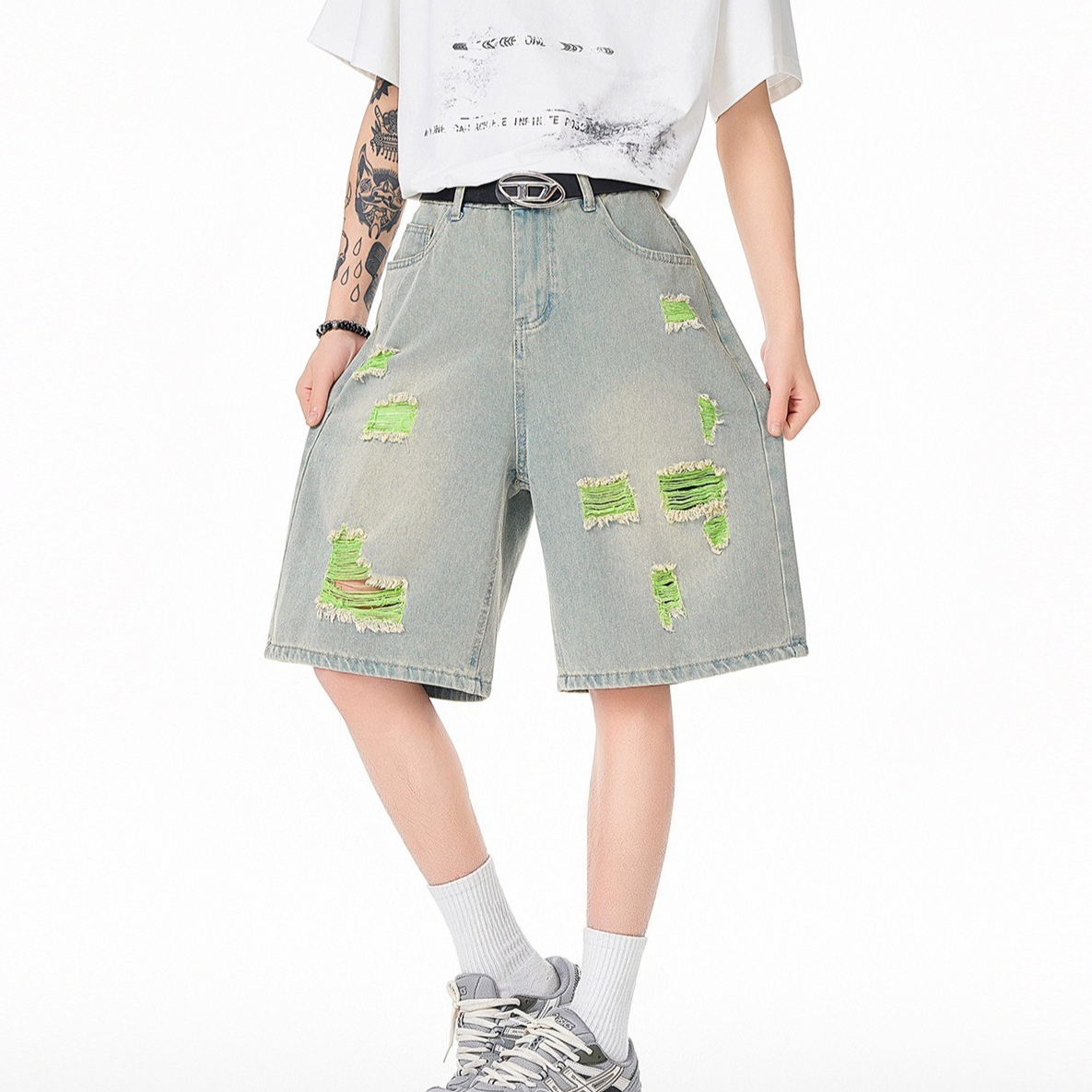 Men's Lined Ripped Denim Short - Distressed Jean Rip 评论和价格