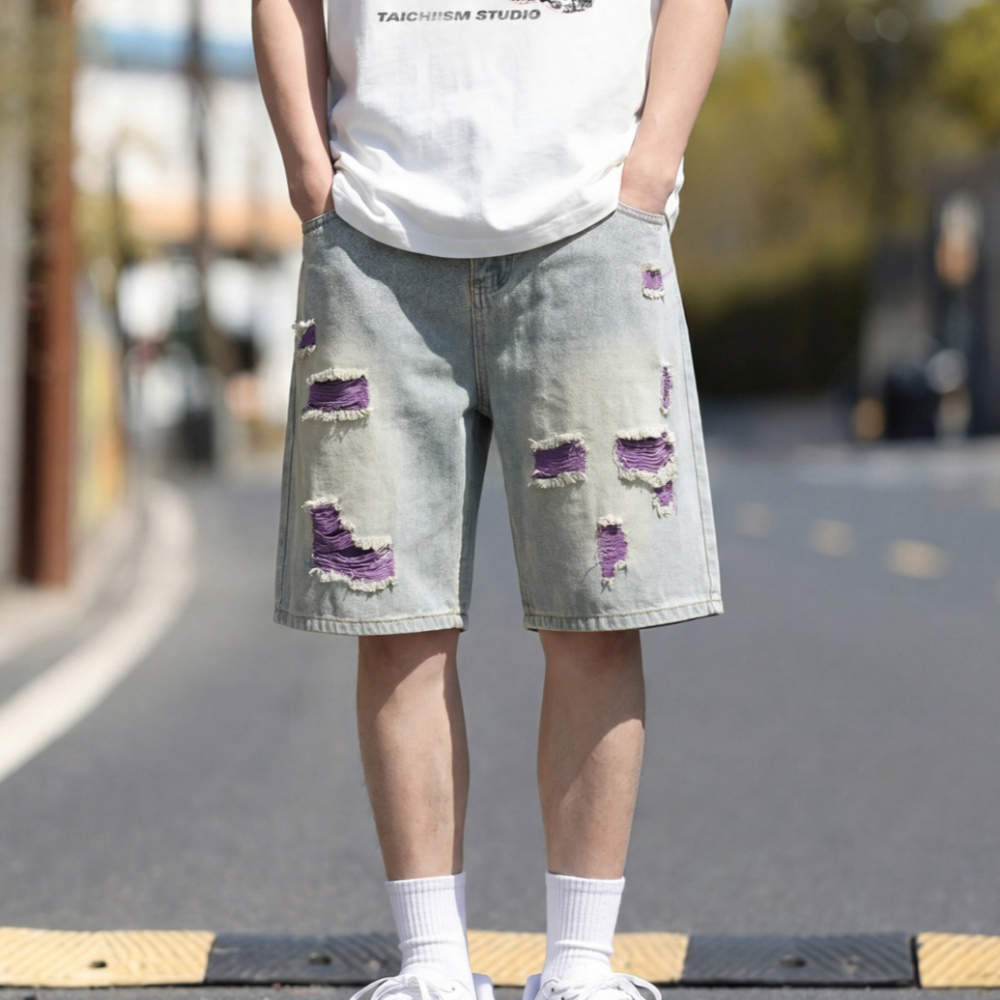 Men's Lined Ripped Denim Short - Distressed Jean Rip 评论和价格