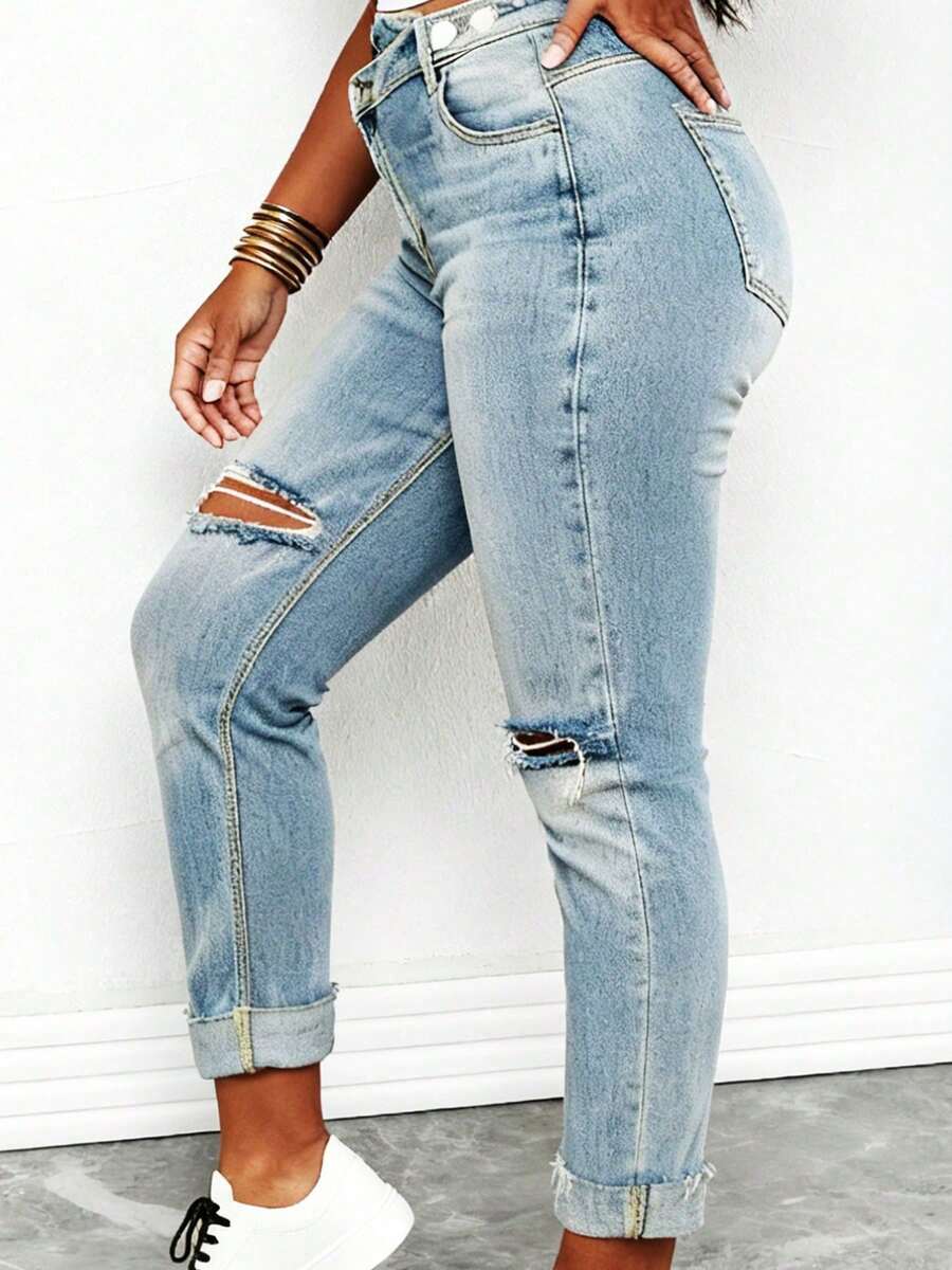 Women Plus Size High Waist Dis - Distressed Jean Rip 评论和价格
