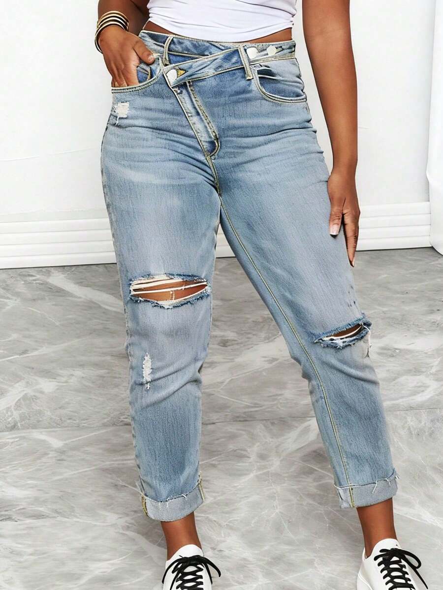 Women Plus Size High Waist Dis - Distressed Jean Rip 评论和价格