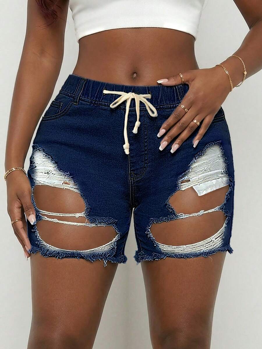 Women Mid Waist Ripped Stretch - Distressed Jean Rip 评论和价格
