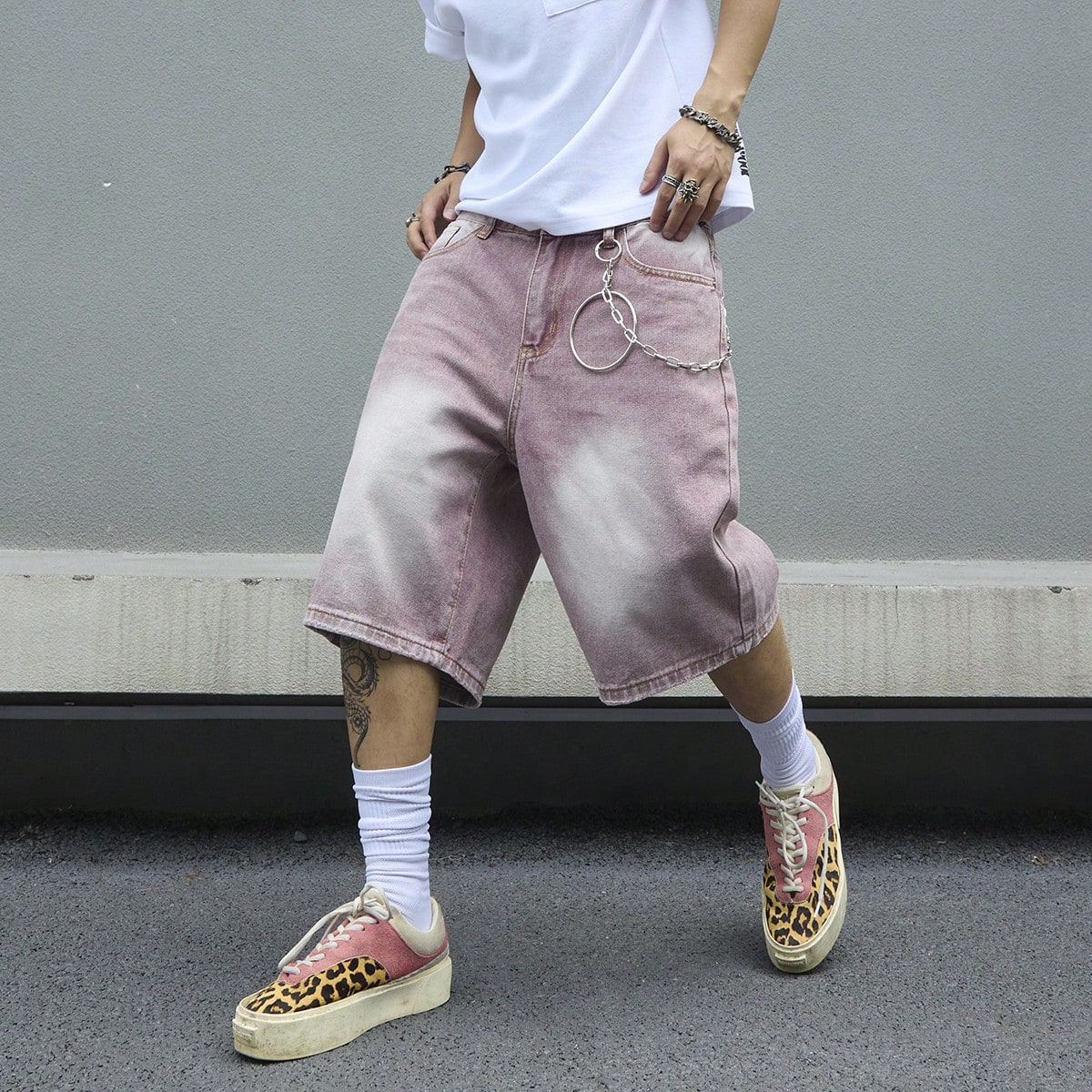 Men's Pink Gradient Denim Shor - Street Fashion Art 评论和价格