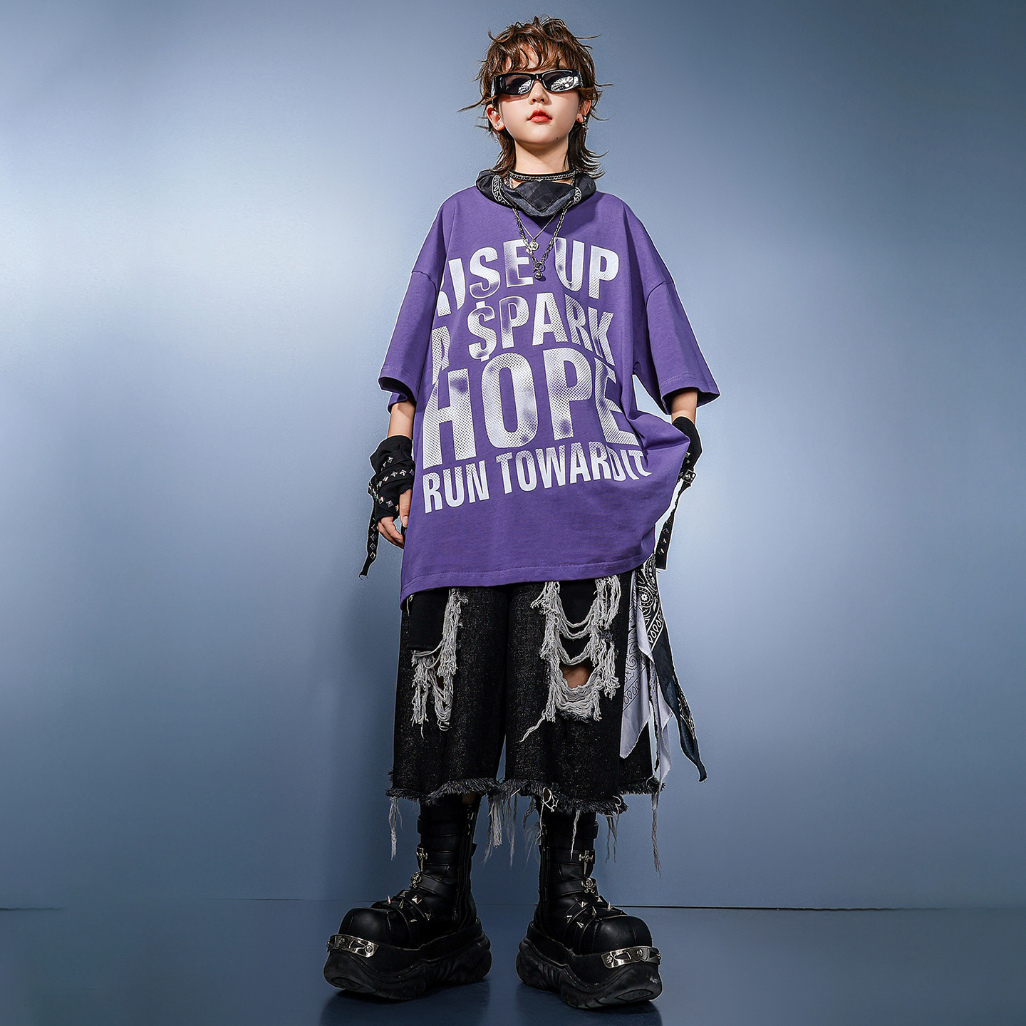 Kid Hip Hop Clothing Purple Le - Distressed Jean Rip 评论和价格